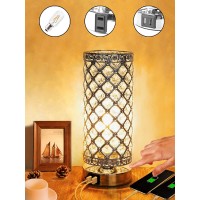 Touch Lamp Crystal Table Lamp 3-Way Dimmable Bedside Nightstand Desk Lamps with Dual USB Charging Ports,Small Decorative Lampshade Night Light for Bedroom Living Room, Bulb Included 