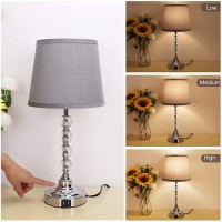USB Table Lamp, Crystal Table Lamp Touch Control 3 Way Dimmable Nightstand Lamp with 2 USB Charging Ports, Modern Bedside Lamp with Gray Fabric Shade for Bedroom lamps, Living Room, Study Room, Office 