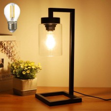 Metal Table Lamp, Industrial Nightstand Lamp with Glass Shade, Black Reading Desk Lamp for Bedroom, Living Room, Office, Dorm, E26 Bulb Included