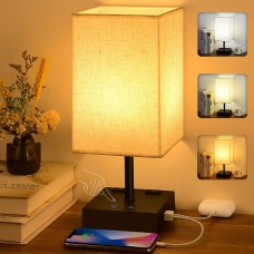 3-Color Touch Control Table Lamp,  Dimmable Bedside Lamp with 2 USB Ports and 2 AC Oulets, Small Table Lamp for Bedroom, Nightstand, Living Room Office, Bulb Included 